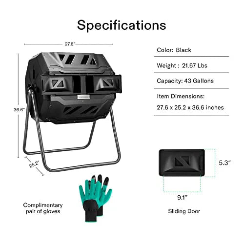 VIVOSUN Outdoor Tumbling Composter Dual Rotating Batch Compost Bin, 43 Gallon Black Door - image 3