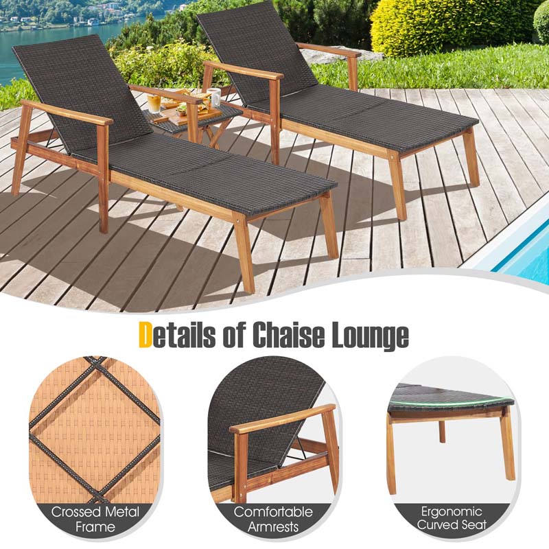 Acacia Wood Amp Rattan Patio Beach Outdoor Chaise Lounge Chairs Pool Sun Lounger Set With Folding Side Table - High Quality S