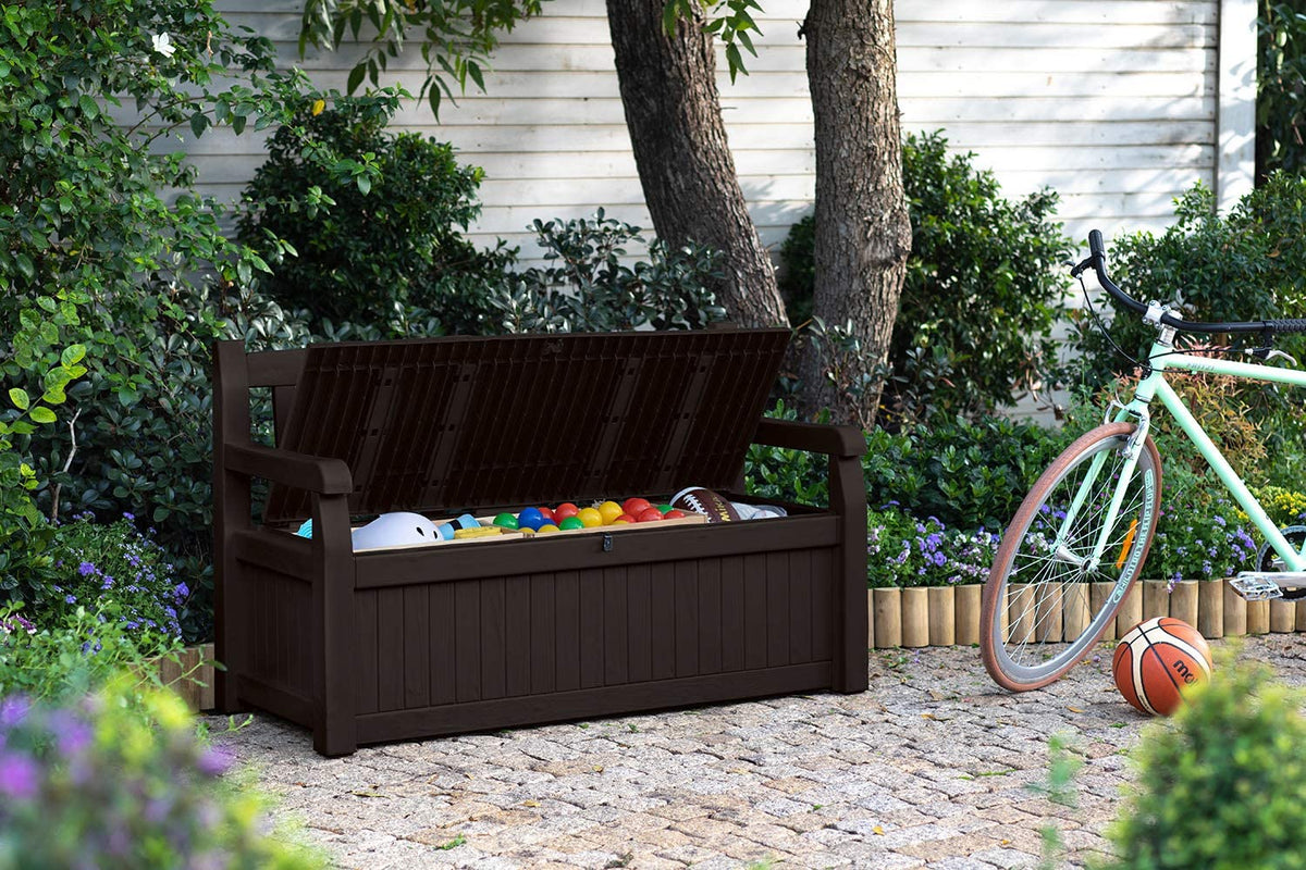 Keter Solana 70 Gallon Storage Bench Deck Box for Patio Furniture, Front Porch Decor and Outdoor Seating – Perfect to Store G