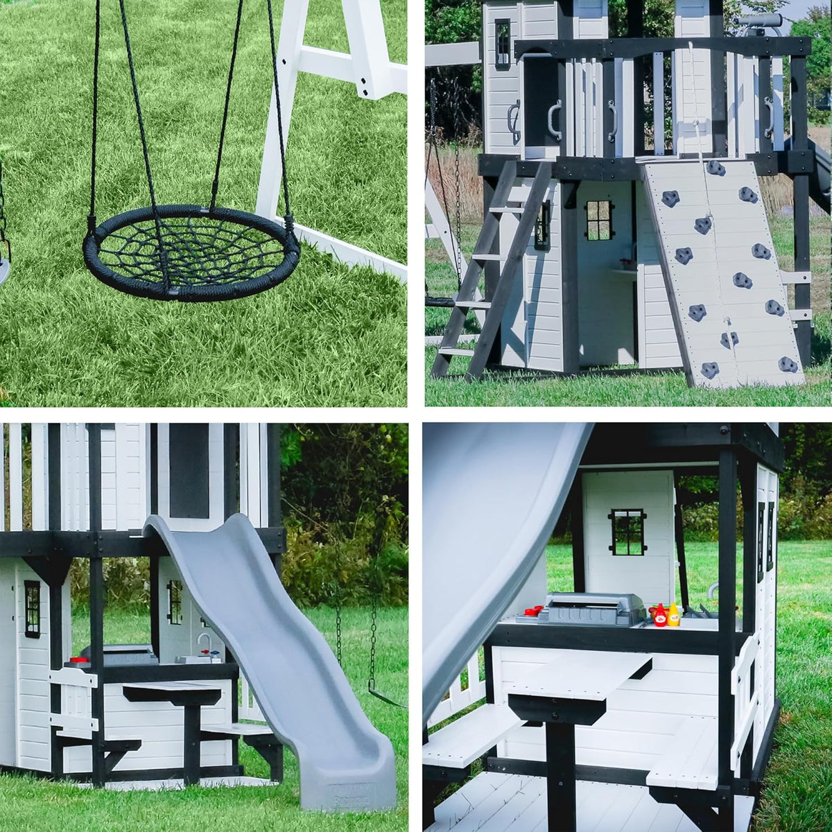 Canyon Creek Cedar Wood Swing Set with Wave Slide, Clubhouse, Play Kitchen, Picnic Area, Belt Swings, Web Swing, Rock Wall, B
