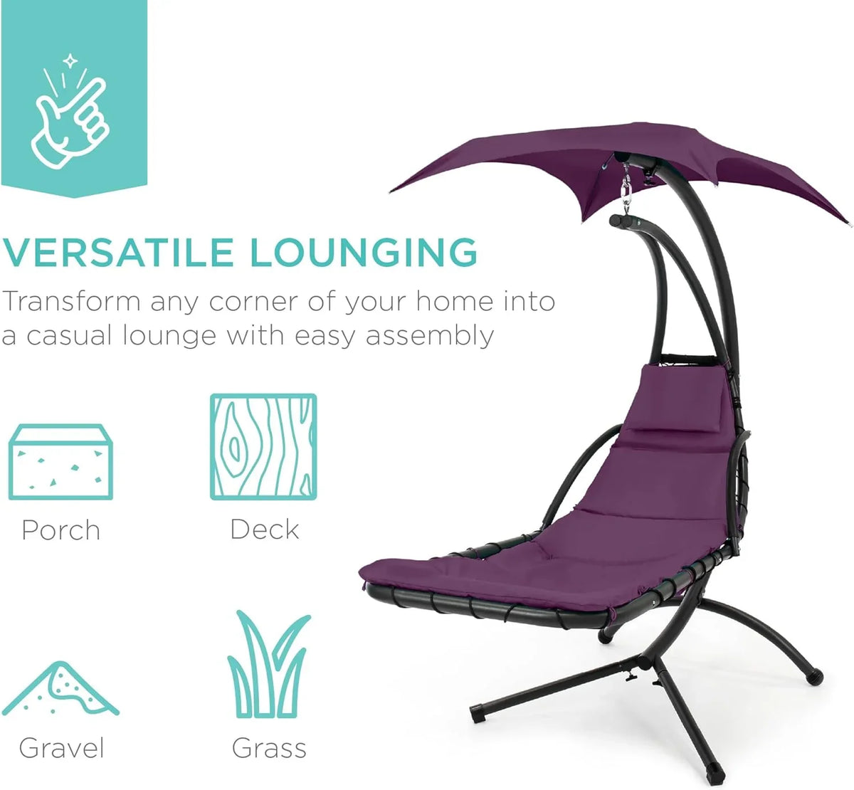 Best Choice Products Outdoor Hanging Curved Steel Chaise Lounge Chair Swing w/Built-in Pillow and Removable Canopy - Charcoal