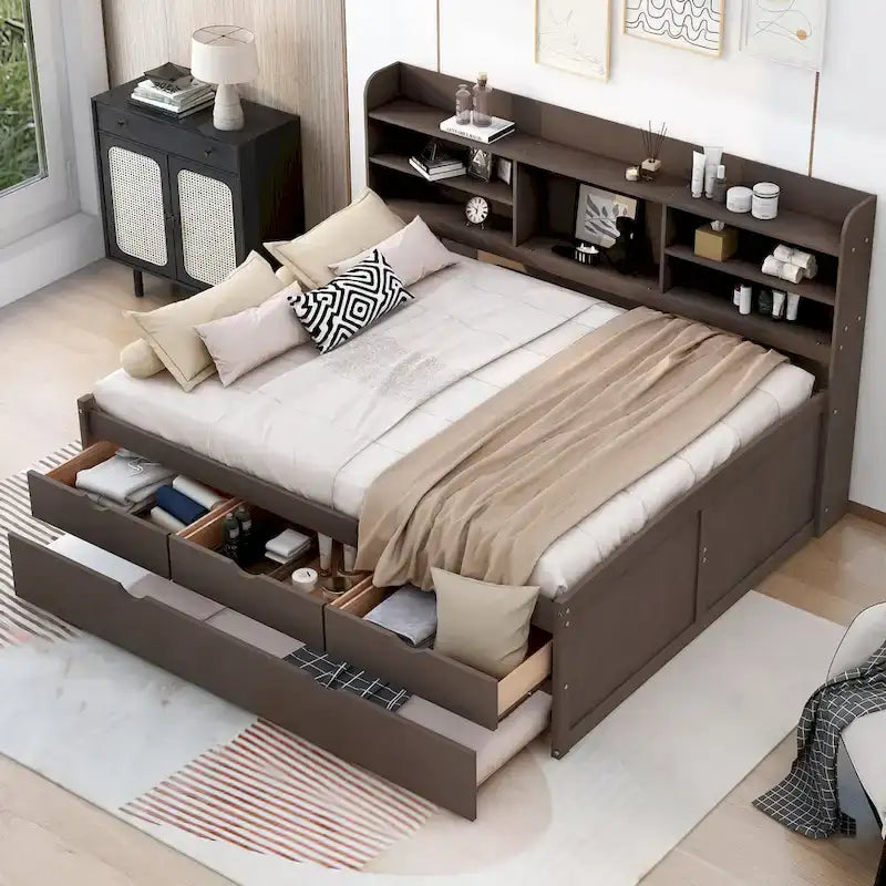 Antique Grey Full-Size Wooden Captain Bed with Built-in Bookshelves, Three Storage Drawers, and Trundle - image 1