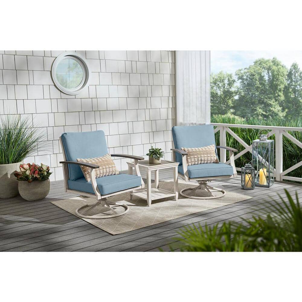 Hampton Bay Marina Point White Steel Outdoor Patio Swivel Lounge Chair with CushionGuard Surf Blue Cushions (2-Pack) GC-41019