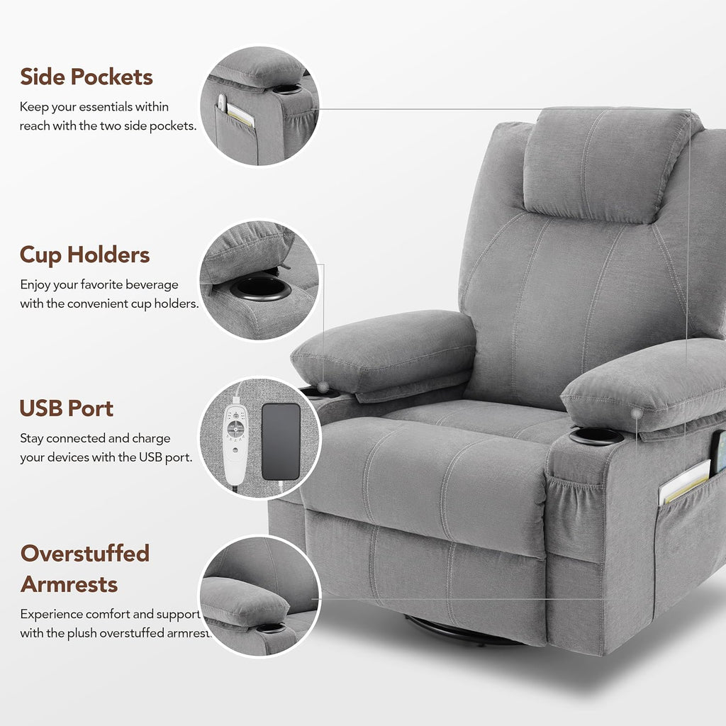 Oversized Swivel Rocker Recliner Chair with Heat and Massage, 360 Degree Swivel Rocking Single Sofa with Cup Holders and USB Port, Large Big Recliner Chair for Living Room (Leather, Brown) - image 35