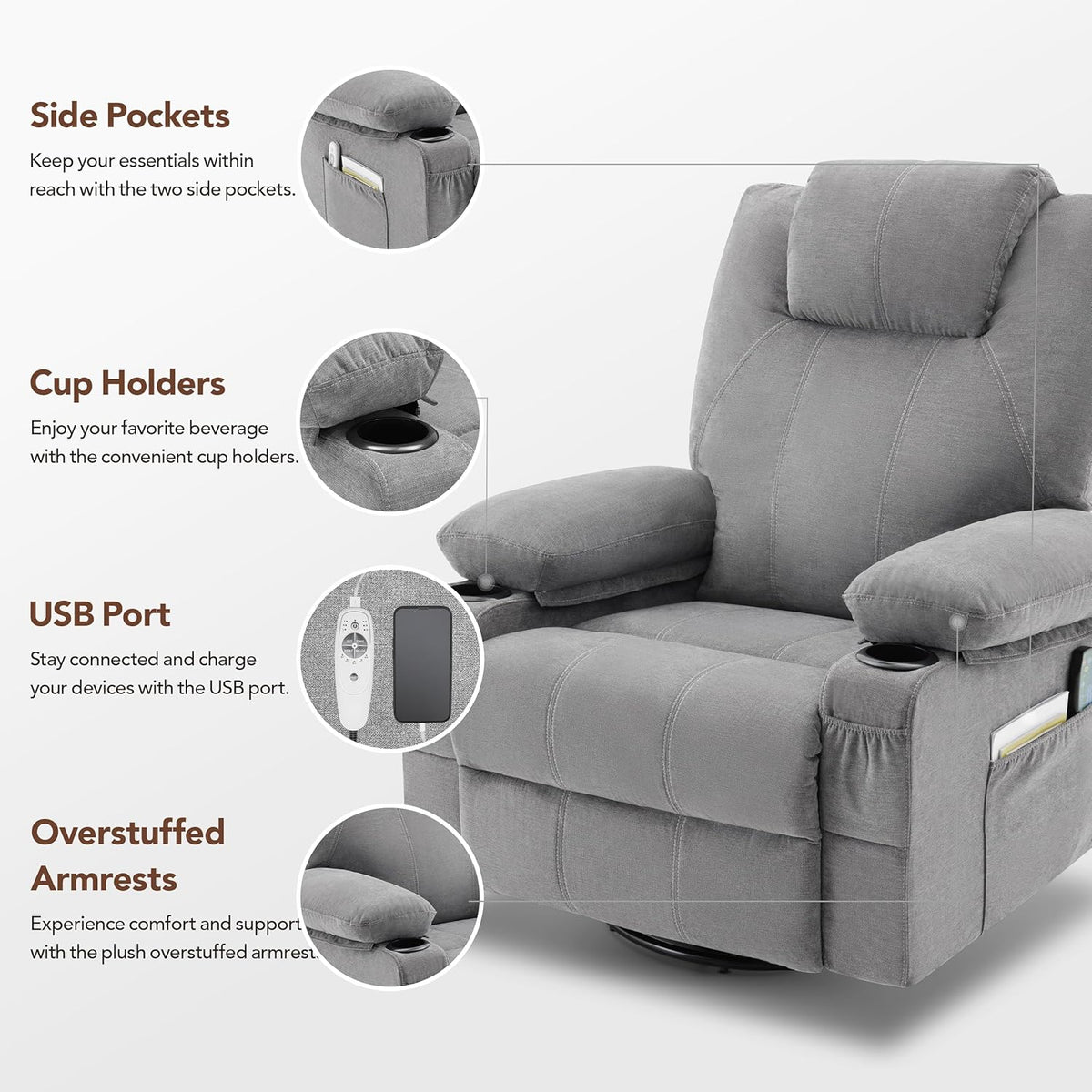 Oversized Swivel Rocker Recliner Chair with Heat and Massage, 360 Degree Swivel Rocking Single Sofa with Cup Holders and USB Port, Large Big Recliner Chair for Living Room (Leather, Brown) - image 35
