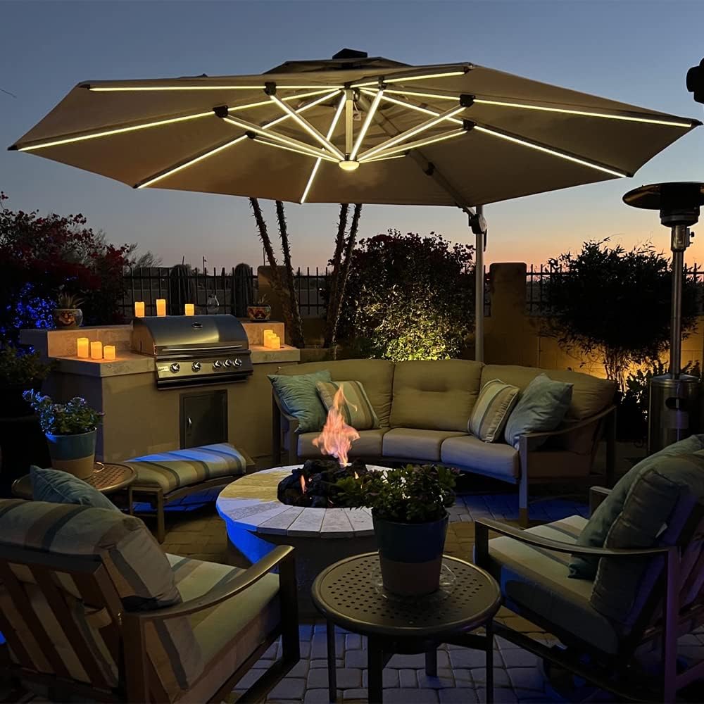 12ft Solar LED Patio Umbrella Outdoor Round Umbrella Large Cantilever Umbrella with LED Lights Windproof Bias Umbrella Heavy 