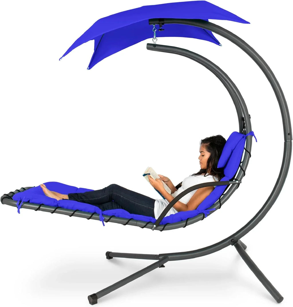 Best Choice Products Outdoor Hanging Curved Steel Chaise Lounge Chair Swing w/Built-in Pillow and Removable Canopy - Charcoal