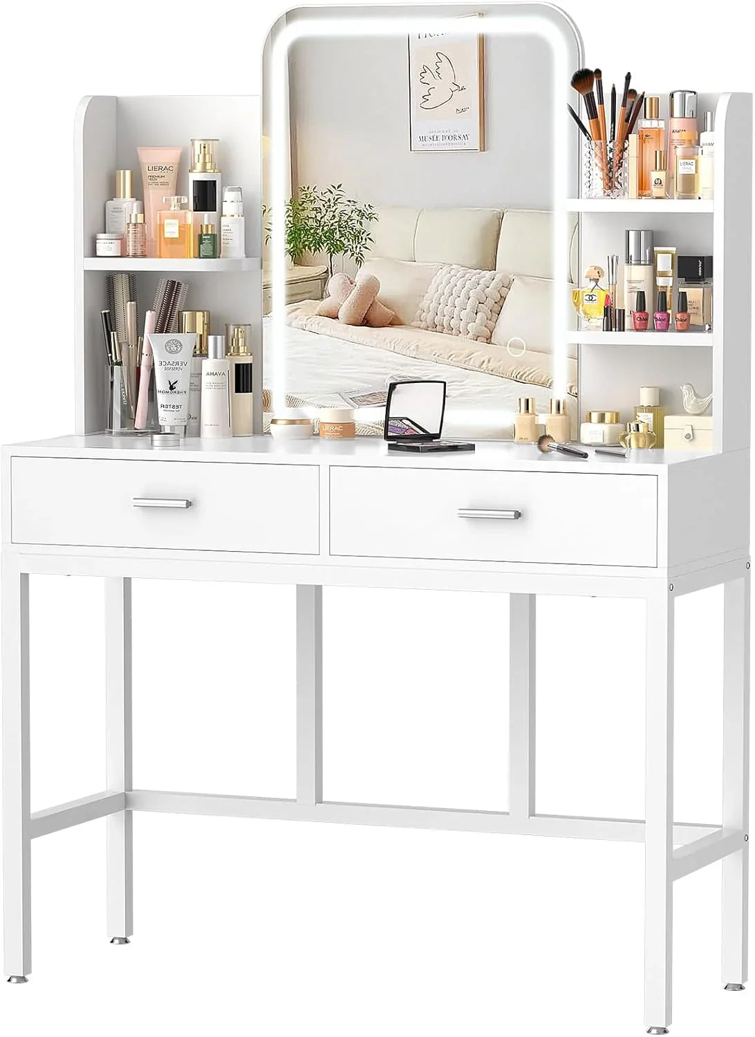 Makeup Vanity Desk with Mirrors, Vanity Set with 2 Storage Drawers and Open Shelves, 3 Colors LED Brightness Adjustable Dress