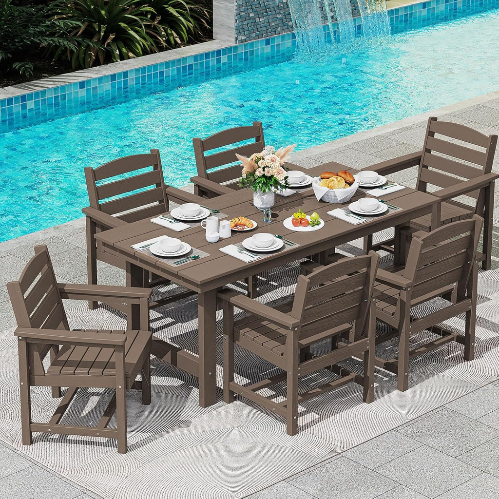 SERWALL 7-Piece Patio Table Set, Outdoor HDPE Dining Furniture with Umbrella Hole, All Weather Table and Chairs for Lawn, Garden, Poolside, Aruba - image 9
