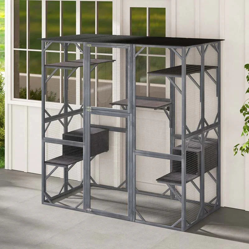 71" Tall Large Cat House Outdoor Catio Kitty Enclosure, Walk-in Cat Kennel Condo, Wooden Cat Cage Playpen with 7 Platforms - image 7