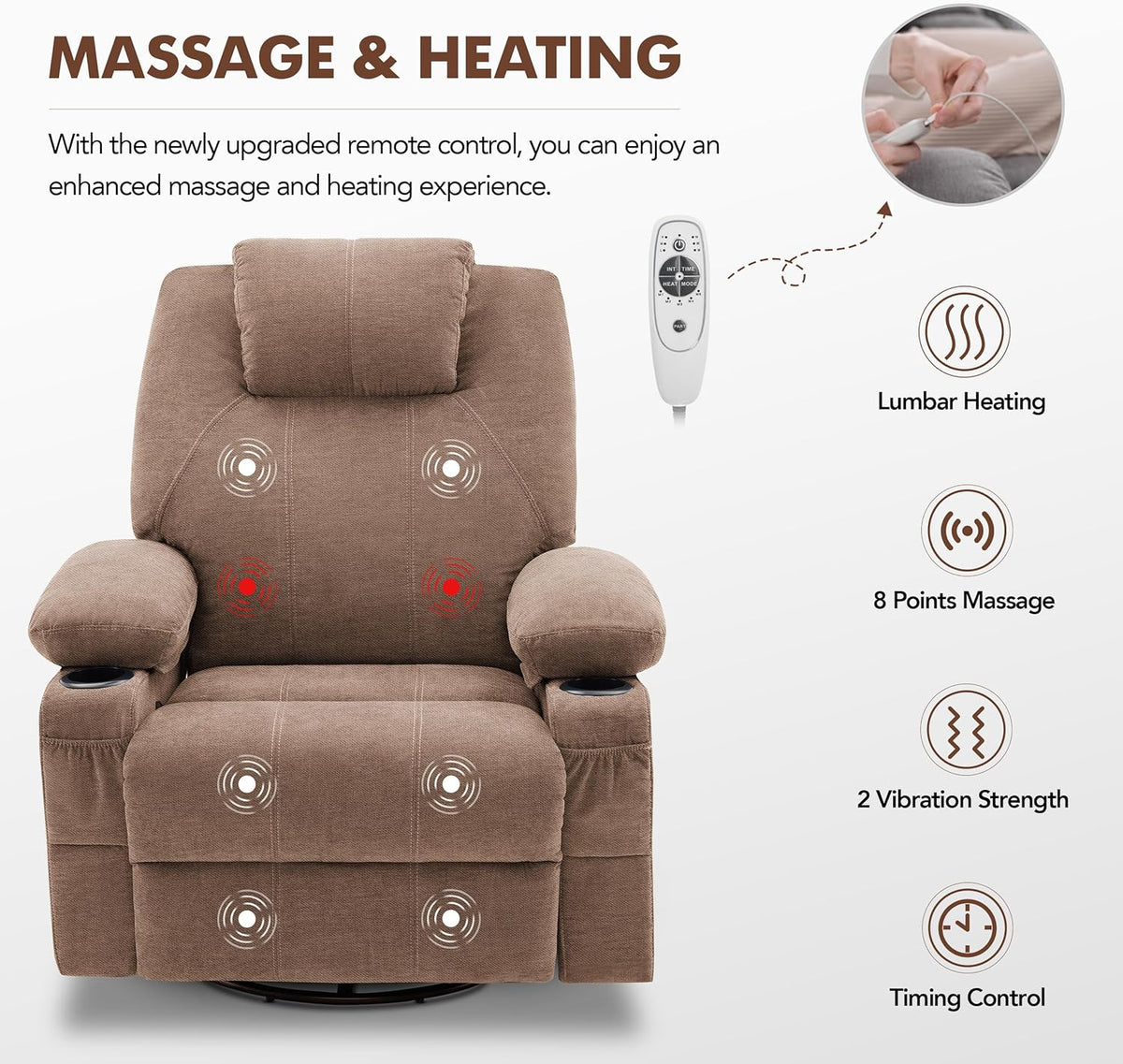 Oversized Swivel Rocker Recliner Chair with Heat and Massage, 360 Degree Swivel Rocking Single Sofa with Cup Holders and USB Port, Large Big Recliner Chair for Living Room (Leather, Brown) - image 10