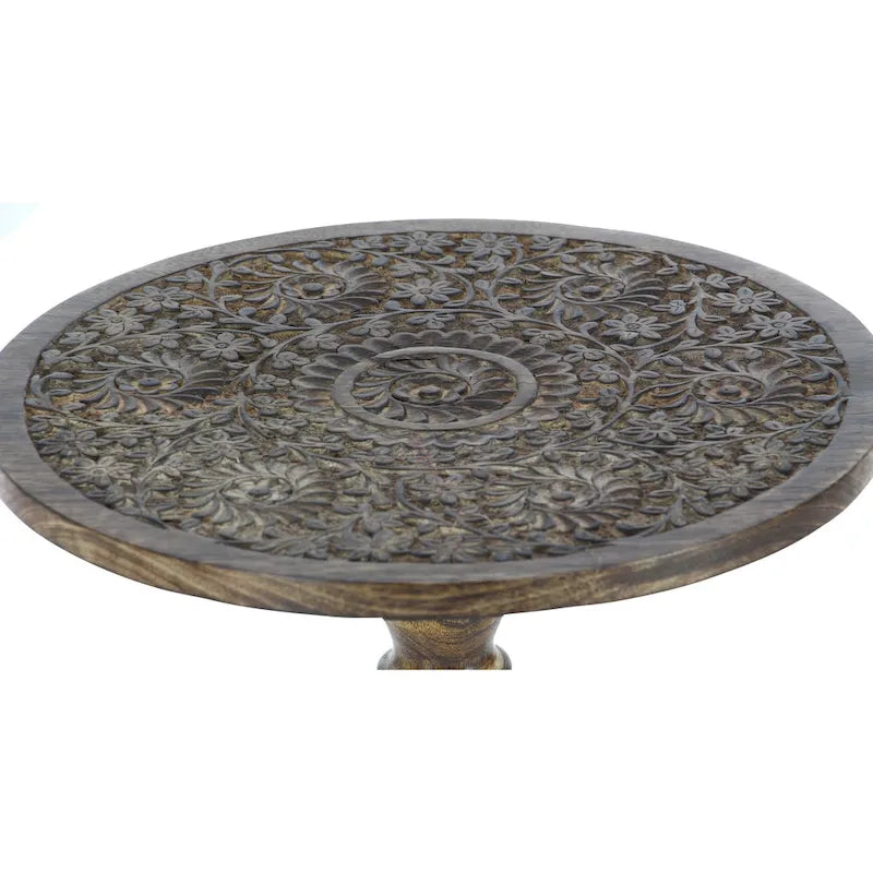 Intricately Carved Dark Brown Mango Wood Accent Table with Elephant or Floral Design and Turned Base - Roche River Decor - image 11