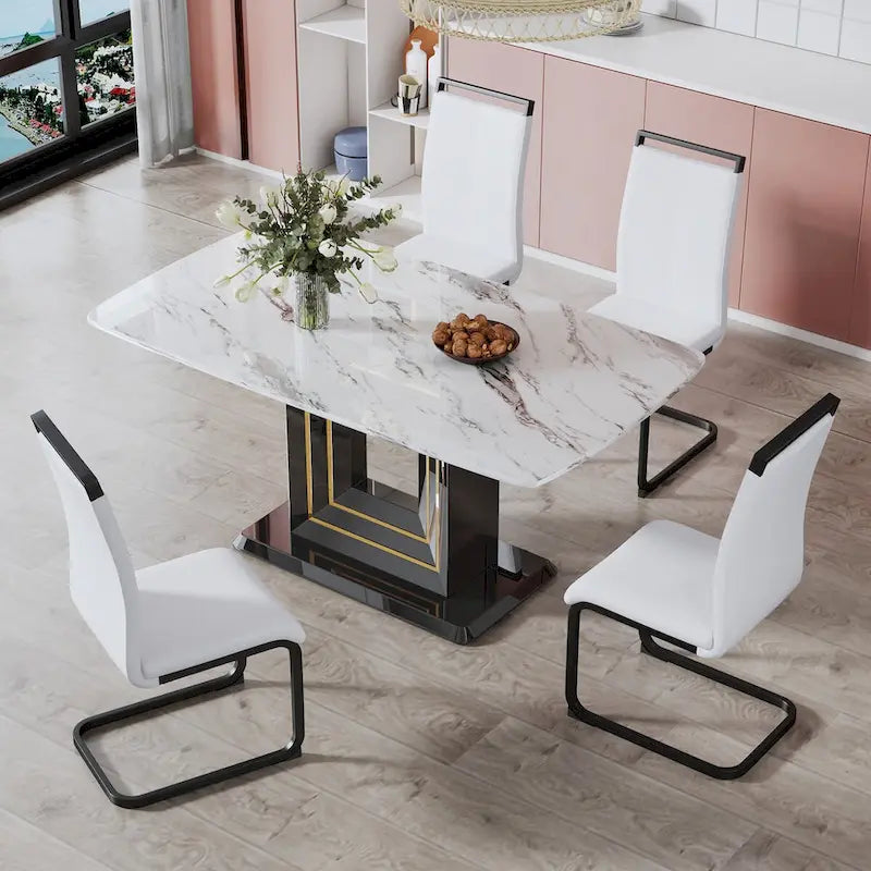 Elegant Dining Table with White Imitation Marble Top, Black MDF Legs Featuring Gold Accents, and a Stylish Black Base - image 6