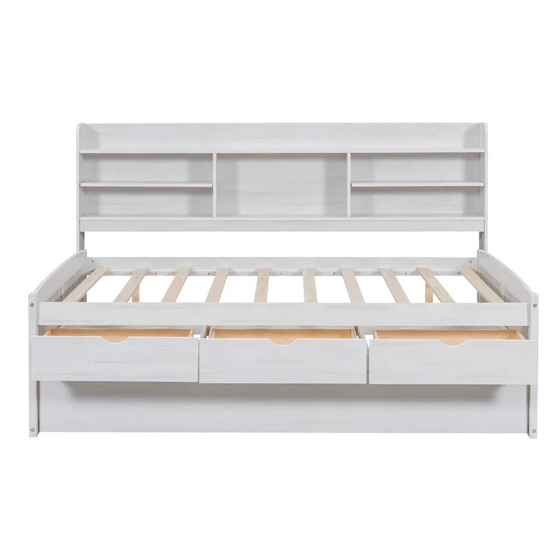 Antique Grey Full-Size Wooden Captain Bed with Built-in Bookshelves, Three Storage Drawers, and Trundle - image 15
