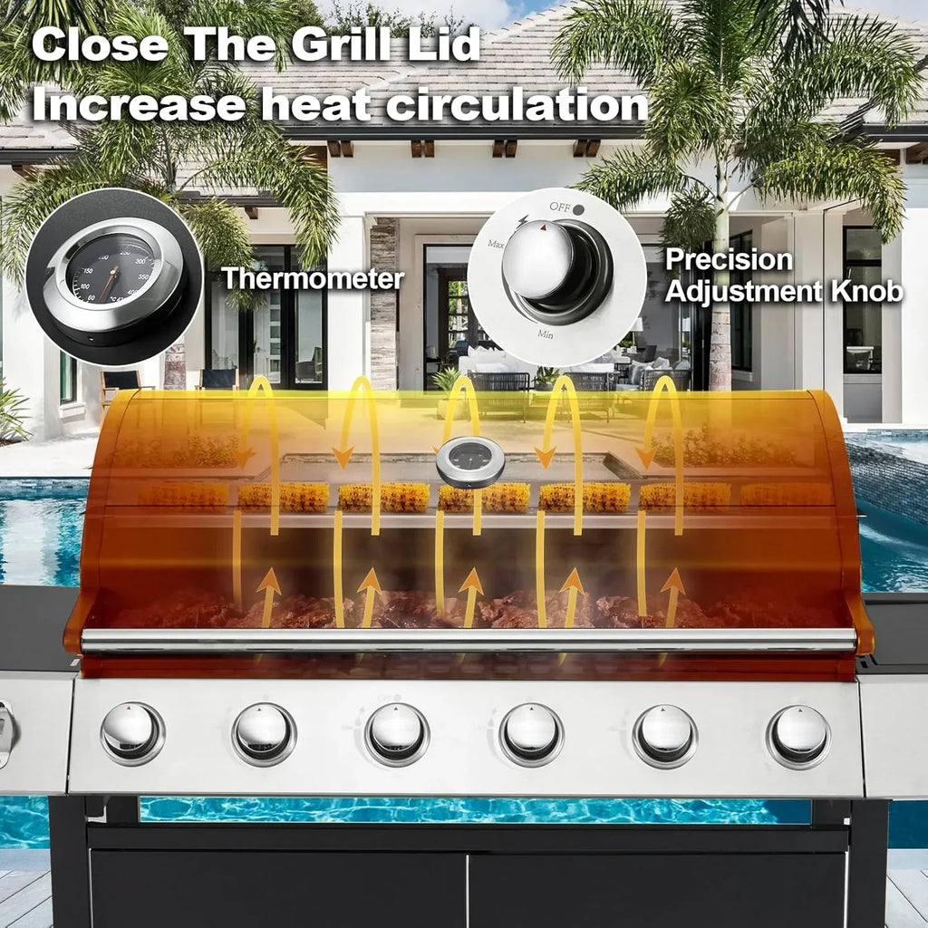 Upgraded 4 Burner BBQ Propane Gas Grill with Cast Iron Grates & Side Stove, 44,000 BTU Stainless Steel Burner Barbecue Grill 