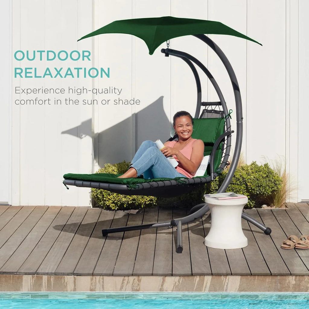 Best Choice Products Outdoor Hanging Curved Steel Chaise Lounge Chair Swing w/Built-in Pillow and Removable Canopy - Charcoal