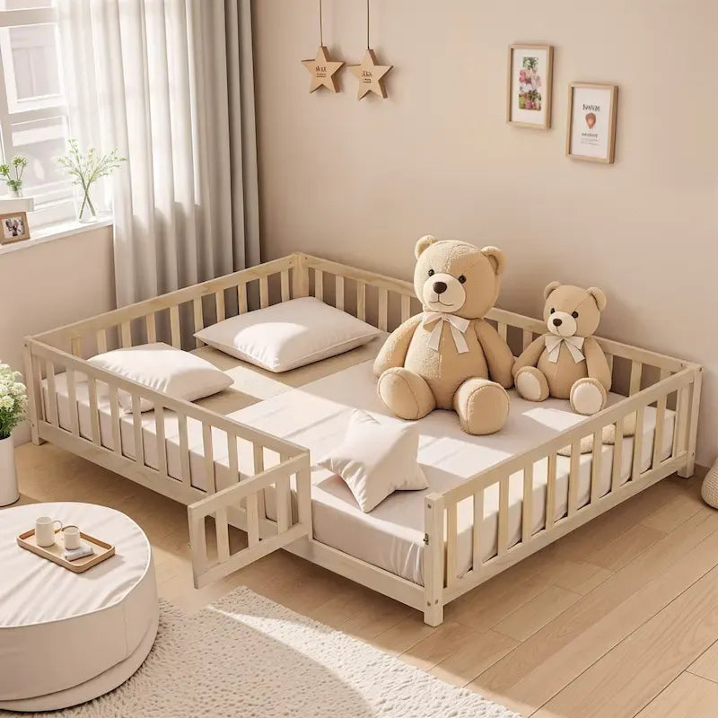 Kids' Full-Size Wooden Floor Bed with Fence and Door - image 1