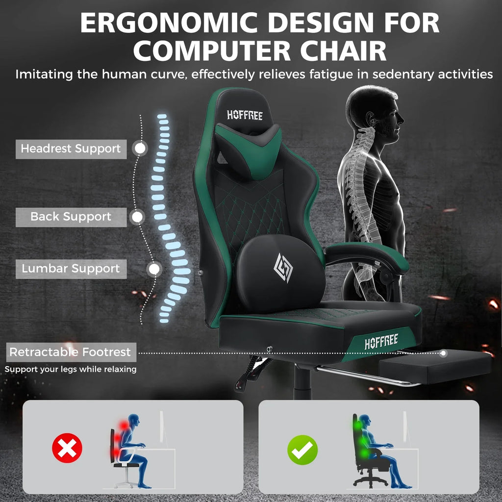 Hoffree Gaming Chair with Massage and Footrest Big and Tall Gamer Chair with Headrest and Lumbar Support PU Computer Game Chair for Adults Office - image 69