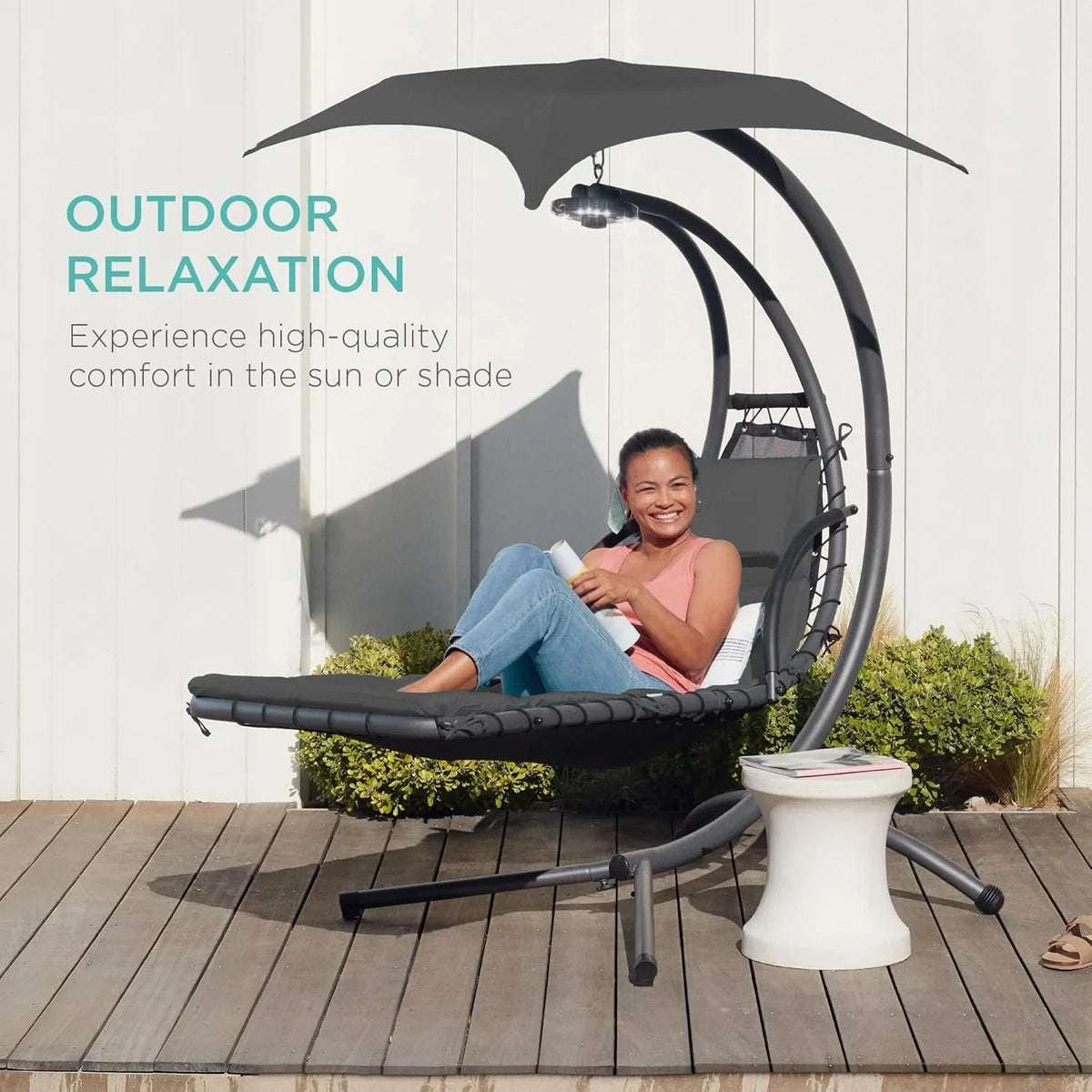 Best Choice Products Outdoor Hanging Curved Steel Chaise Lounge Chair Swing w/Built-in Pillow and Removable Canopy - Charcoal