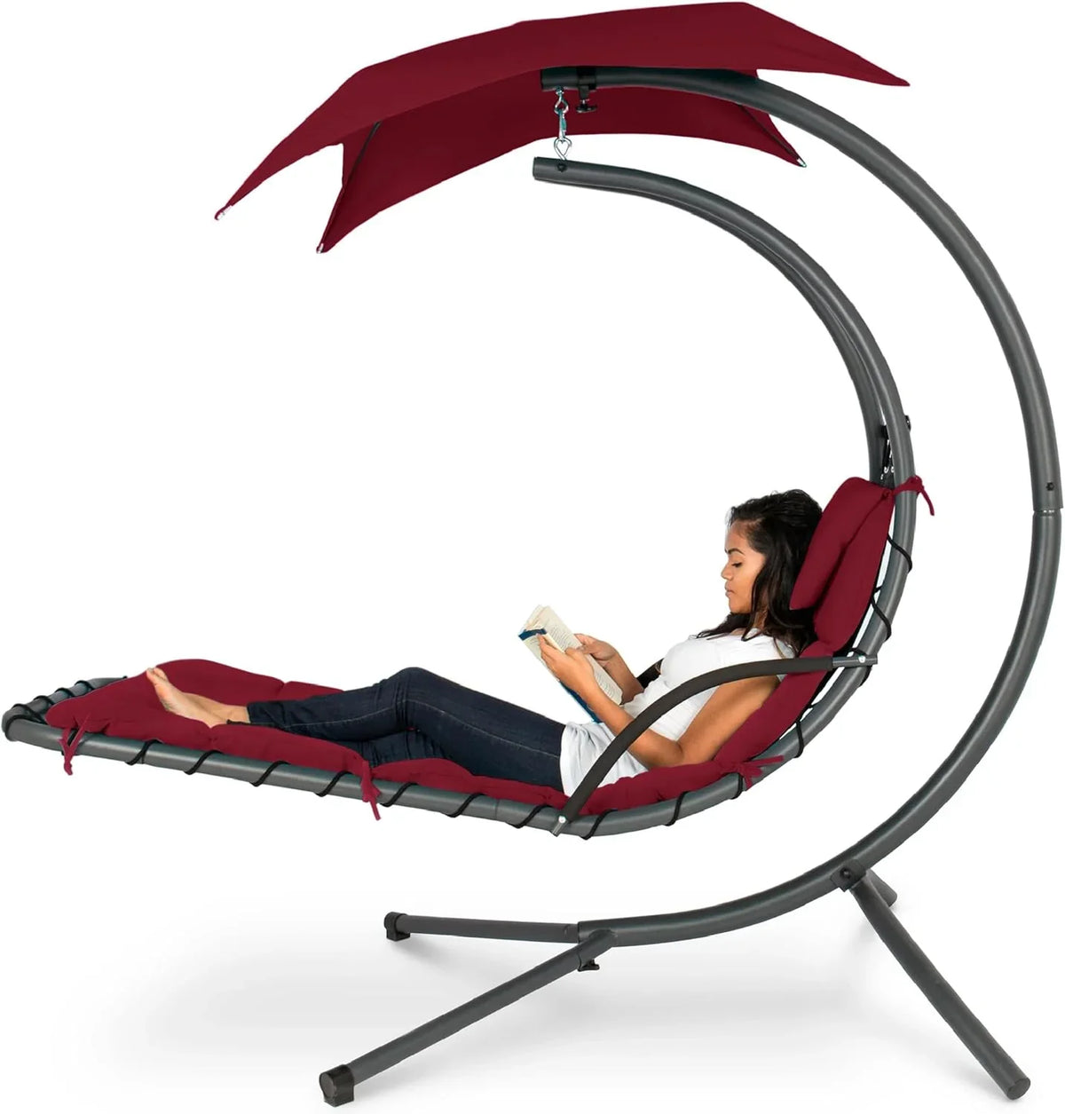 Best Choice Products Outdoor Hanging Curved Steel Chaise Lounge Chair Swing w/Built-in Pillow and Removable Canopy - Charcoal