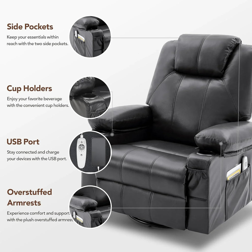 Oversized Swivel Rocker Recliner Chair with Heat and Massage, 360 Degree Swivel Rocking Single Sofa with Cup Holders and USB Port, Large Big Recliner Chair for Living Room (Leather, Brown) - image 28