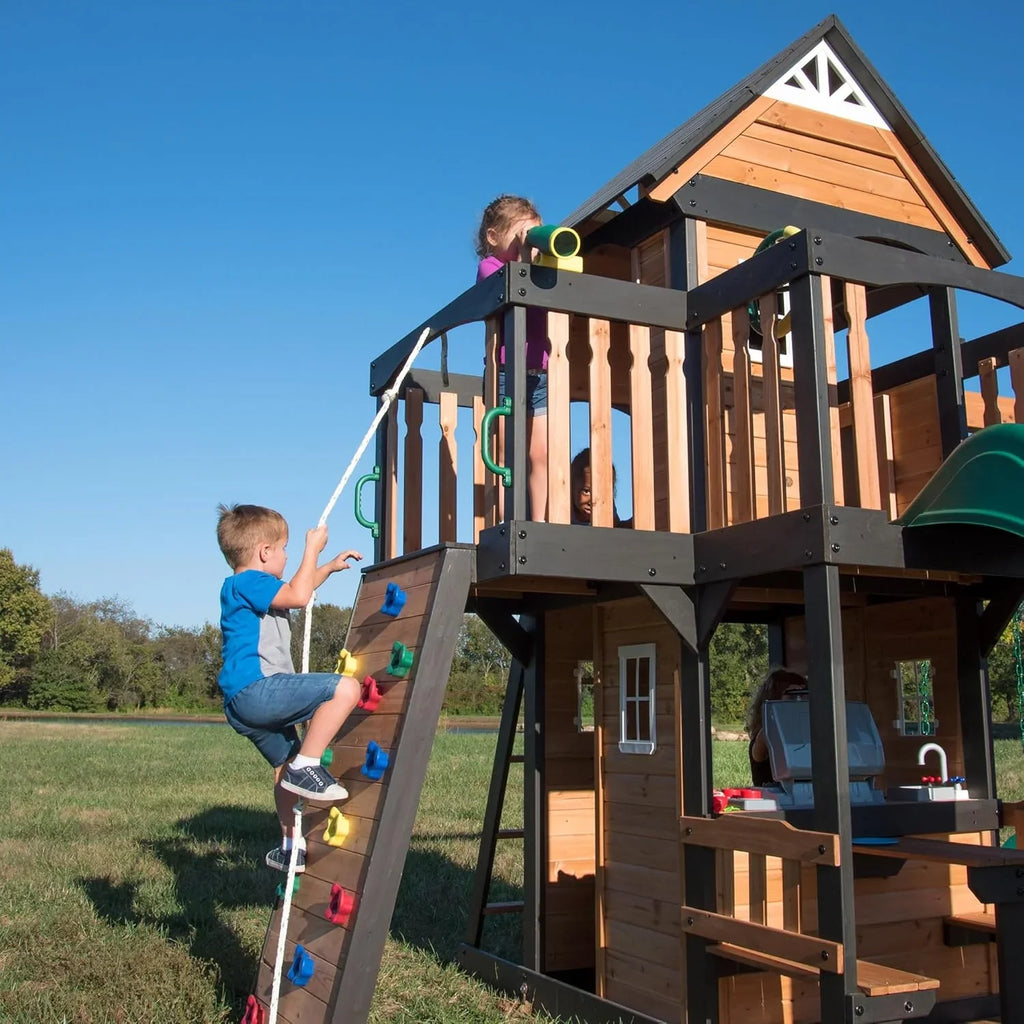 Canyon Creek Cedar Wood Swing Set with Wave Slide, Clubhouse, Play Kitchen, Picnic Area, Belt Swings, Web Swing, Rock Wall, B