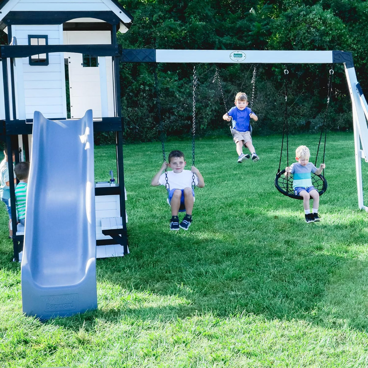 Canyon Creek Cedar Wood Swing Set with Wave Slide, Clubhouse, Play Kitchen, Picnic Area, Belt Swings, Web Swing, Rock Wall, B