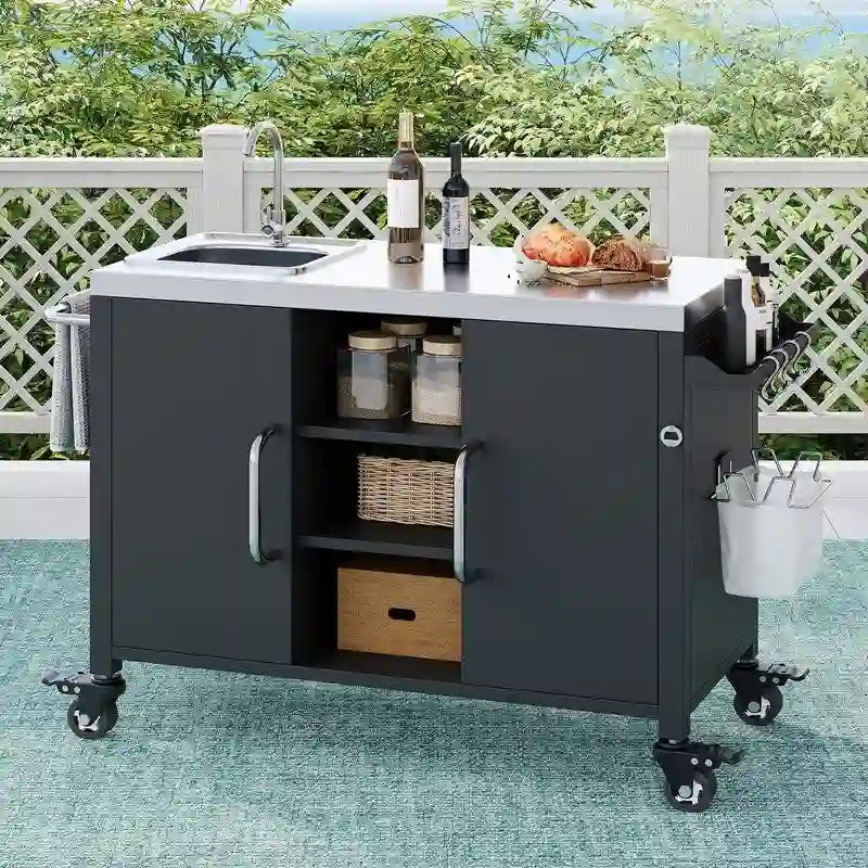 Outdoor Kitchen Island with Sink, Outdoor Bar Cart Sink Station with 4 Lockable Wheels - image 6