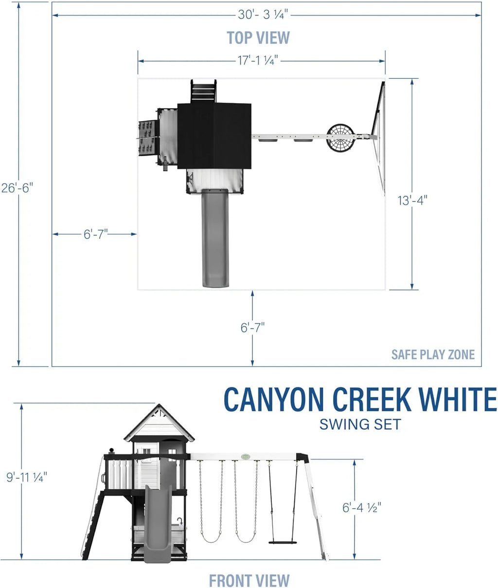 Canyon Creek Cedar Wood Swing Set with Wave Slide, Clubhouse, Play Kitchen, Picnic Area, Belt Swings, Web Swing, Rock Wall, B