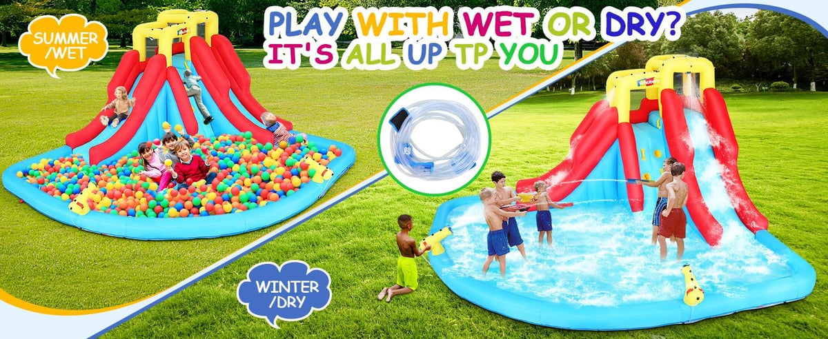 Inflatable Water Slides for Kids 8-in-1 Bounce House Water Park with 450W Blower Climbing Wall, Splash Pool, 2 Water Cannons,