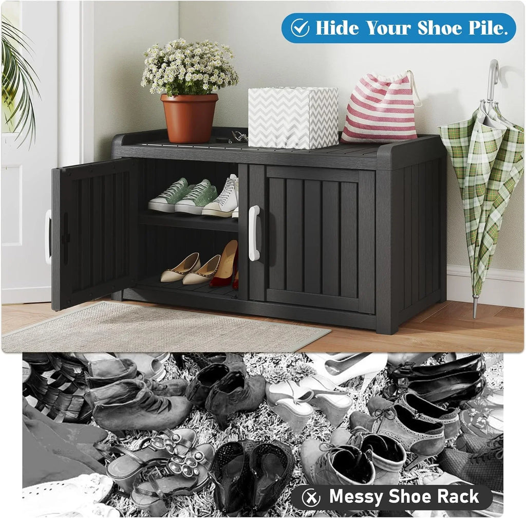 KAMABOKO Outdoor Shoe Storage Cabinet, Waterproof UV-Resistant Entryway Storage Bench Indoor Outdoor with 2 Barn Doors, Adjus
