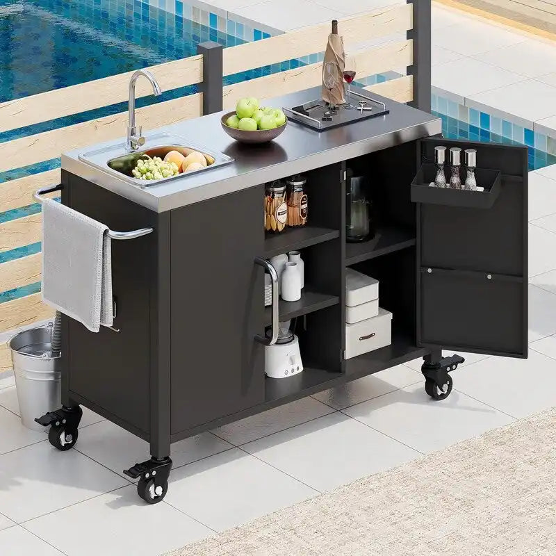 Outdoor Kitchen Island with Sink, Outdoor Bar Cart Sink Station with 4 Lockable Wheels - image 1