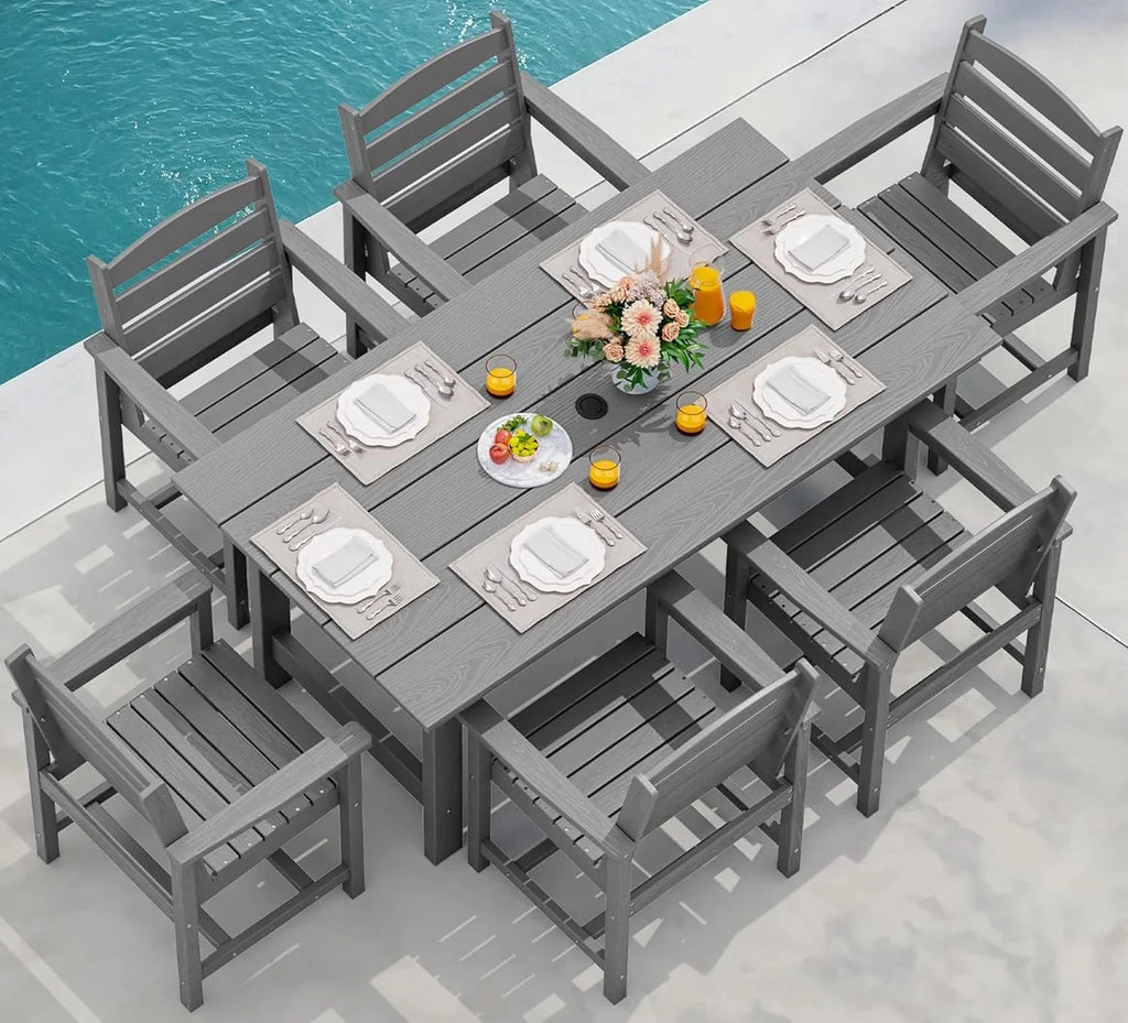 SERWALL 7-Piece Patio Table Set, Outdoor HDPE Dining Furniture with Umbrella Hole, All Weather Table and Chairs for Lawn, Garden, Poolside, Aruba - image 164