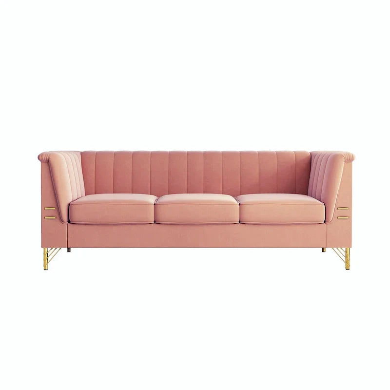 Contemporary Velvet Upholstered 3-Seat Sofa with Golden Metal Legs - Pink Living Room Couch (83.46" x 30.51" x 31.9") - image 8