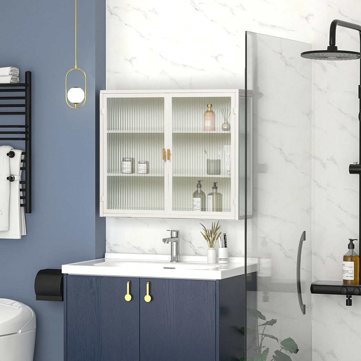 27.56"Modern Wall Cabinet with Glass Doors, Bathroom Cabinet with Featuring Three-tier Storage for Entryway Living Room, Bathroom or Dining Room - image 16