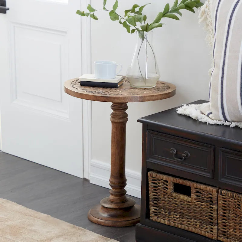 Intricately Carved Dark Brown Mango Wood Accent Table with Elephant or Floral Design and Turned Base - Roche River Decor - image 3