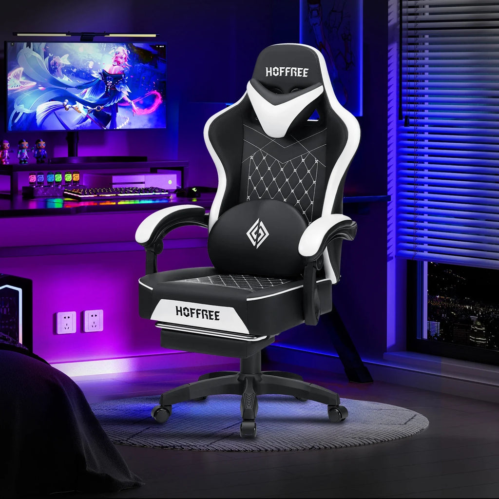 Hoffree Gaming Chair with Massage and Footrest Big and Tall Gamer Chair with Headrest and Lumbar Support PU Computer Game Chair for Adults Office - image 53