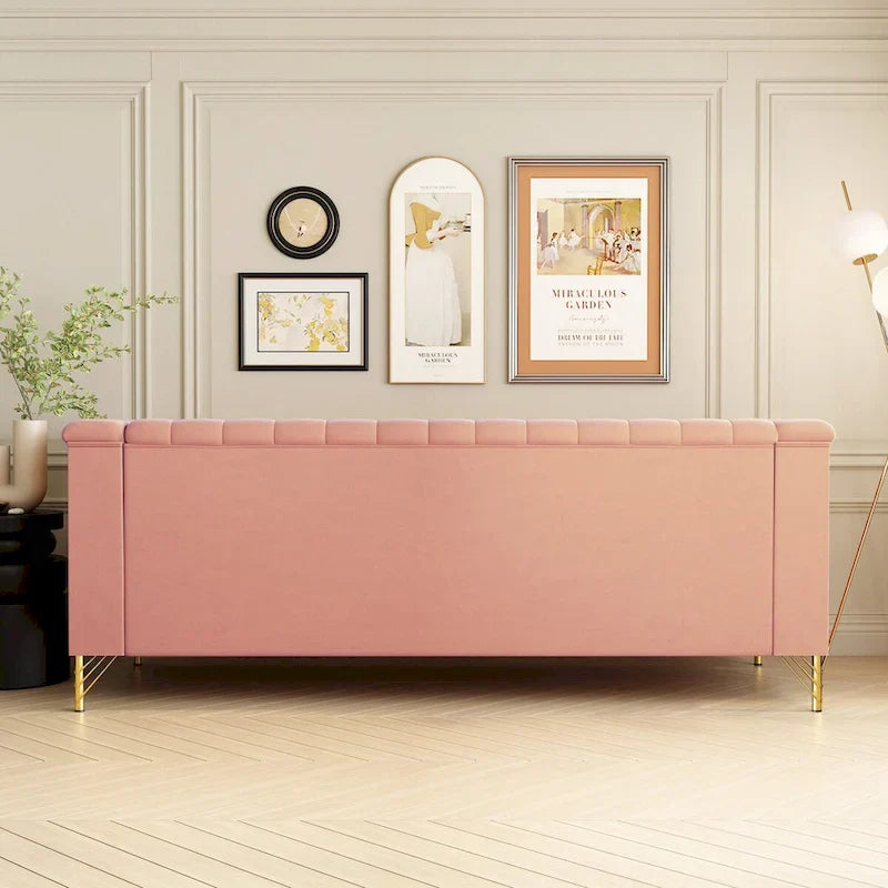 Contemporary Velvet Upholstered 3-Seat Sofa with Golden Metal Legs - Pink Living Room Couch (83.46" x 30.51" x 31.9") - image 3