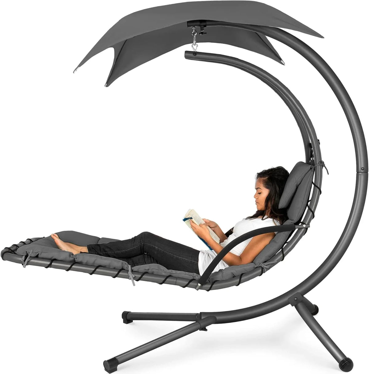 Best Choice Products Outdoor Hanging Curved Steel Chaise Lounge Chair Swing w/Built-in Pillow and Removable Canopy - Charcoal