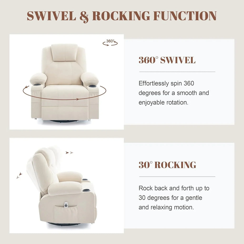 Oversized Swivel Rocker Recliner Chair with Heat and Massage, 360 Degree Swivel Rocking Single Sofa with Cup Holders and USB Port, Large Big Recliner Chair for Living Room (Leather, Brown) - image 15