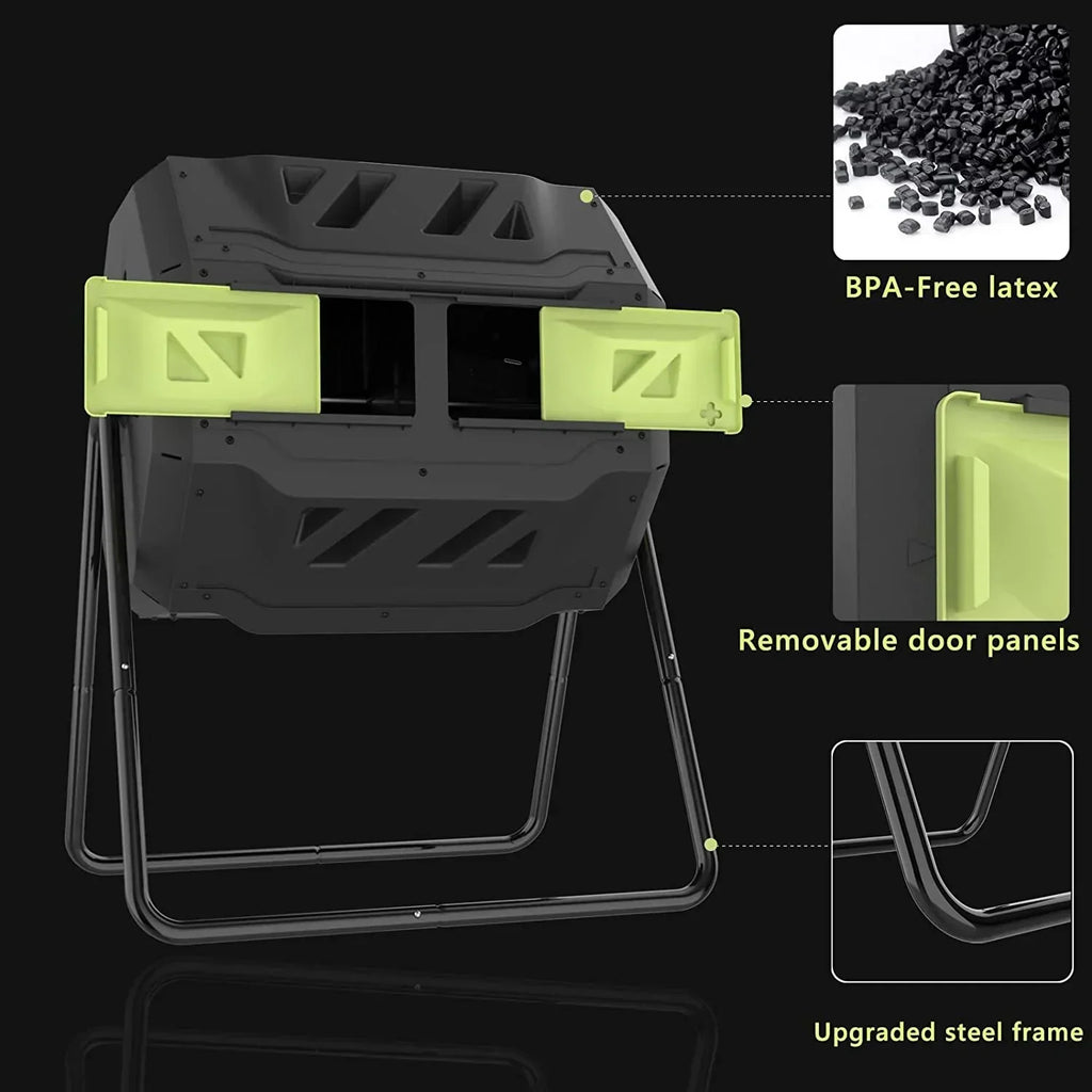 Large Compost Tumbler Bin Dual Compartment Better AirCirculation Efficient Compost BPA Free Sturdy Steel Frame 43Gallon (2 21