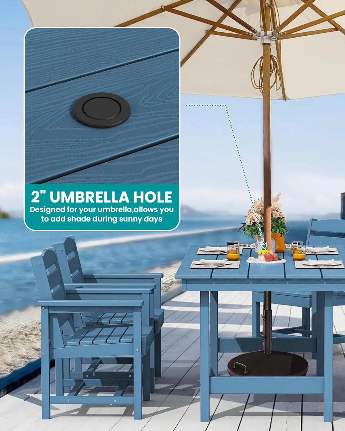 SERWALL 7-Piece Patio Table Set, Outdoor HDPE Dining Furniture with Umbrella Hole, All Weather Table and Chairs for Lawn, Garden, Poolside, Aruba - image 77