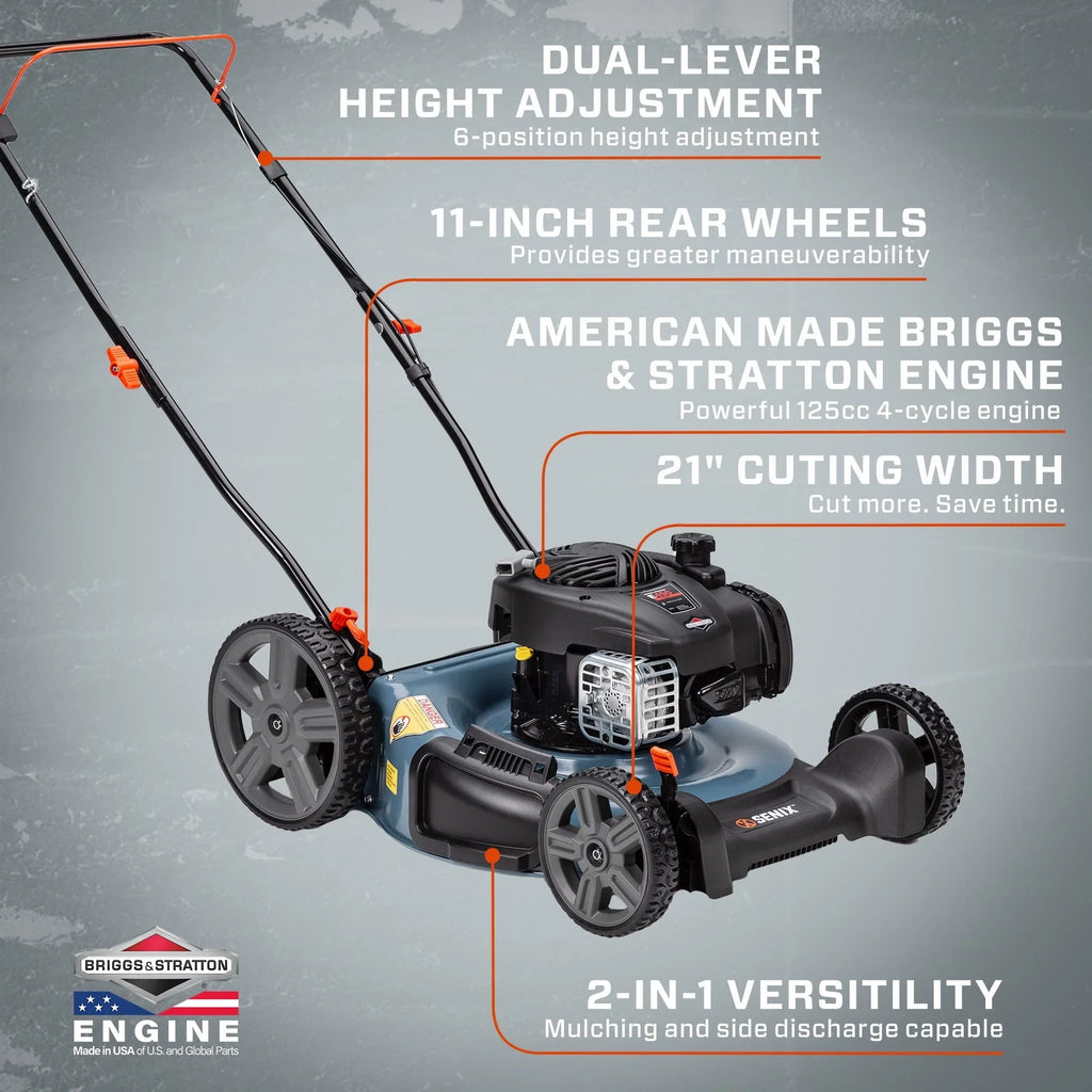 SENIX Gas Lawn Mower, 21-Inch, 125 cc 4-Cycle Briggs & Stratton Engine, 2-In-1 Push Lawnmower, 6-Position Height Adjustment with 11-Inch Rear Wheels, LSPG-M4, Blue - image 9