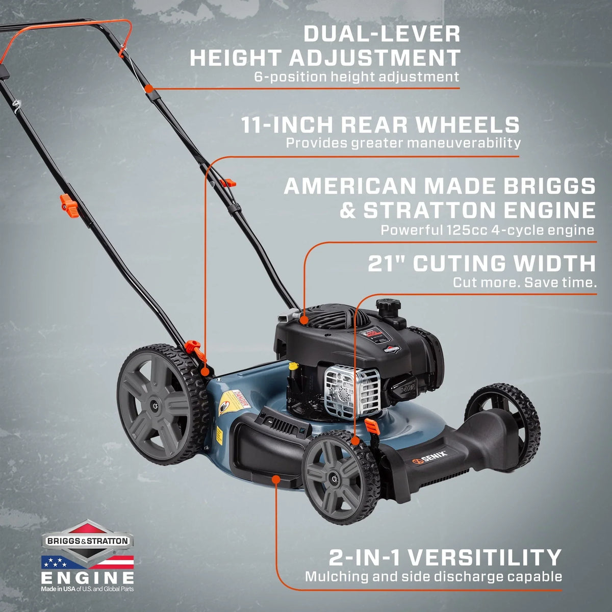 SENIX Gas Lawn Mower, 21-Inch, 125 cc 4-Cycle Briggs & Stratton Engine, 2-In-1 Push Lawnmower, 6-Position Height Adjustment with 11-Inch Rear Wheels, LSPG-M4, Blue - image 9