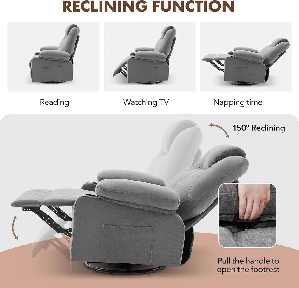 Oversized Swivel Rocker Recliner Chair with Heat and Massage, 360 Degree Swivel Rocking Single Sofa with Cup Holders and USB Port, Large Big Recliner Chair for Living Room (Leather, Brown) - image 33