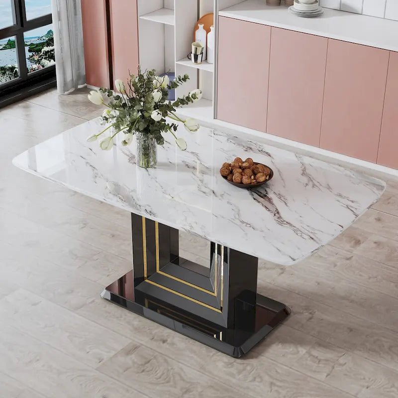 Elegant Dining Table with White Imitation Marble Top, Black MDF Legs Featuring Gold Accents, and a Stylish Black Base - image 1