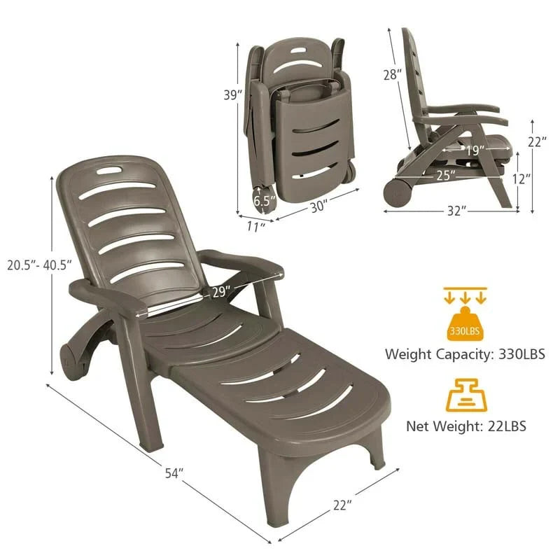 Rolling Folding Plastic Pool Lounge Chair With Armrests 5 Position Outdoor Sun Lounger Patio Deck Chair Beach Chair - Comfort