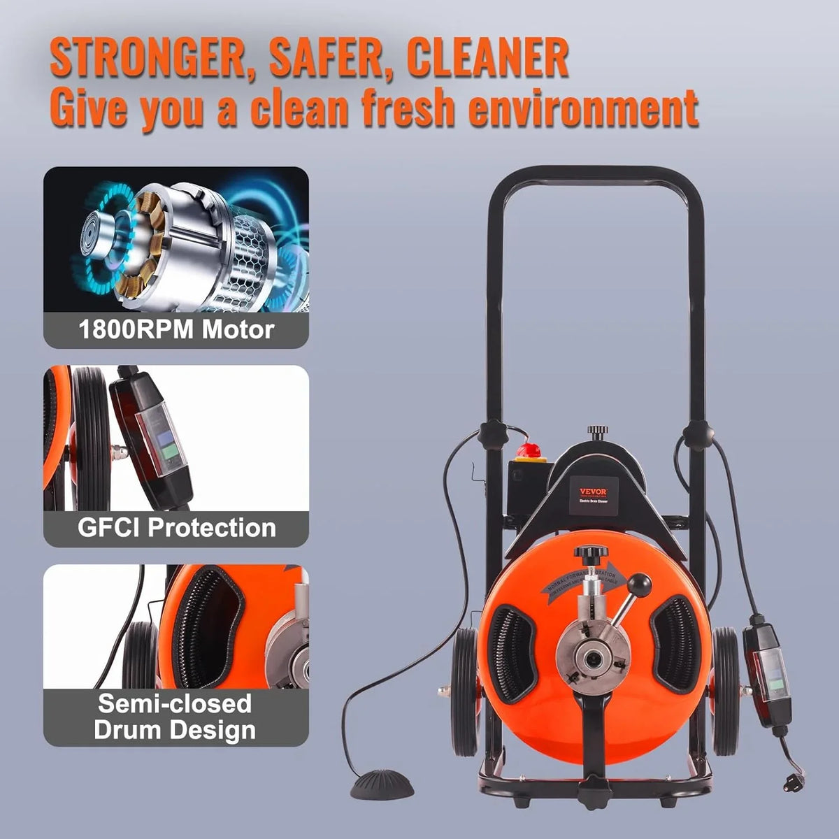 Drain Cleaner Machine 100FT x 1/2Inch, Auto Feed Sewer Snake Auger with 4 Cutter & Air-activated Foot Switch for 1" to 4" Pip