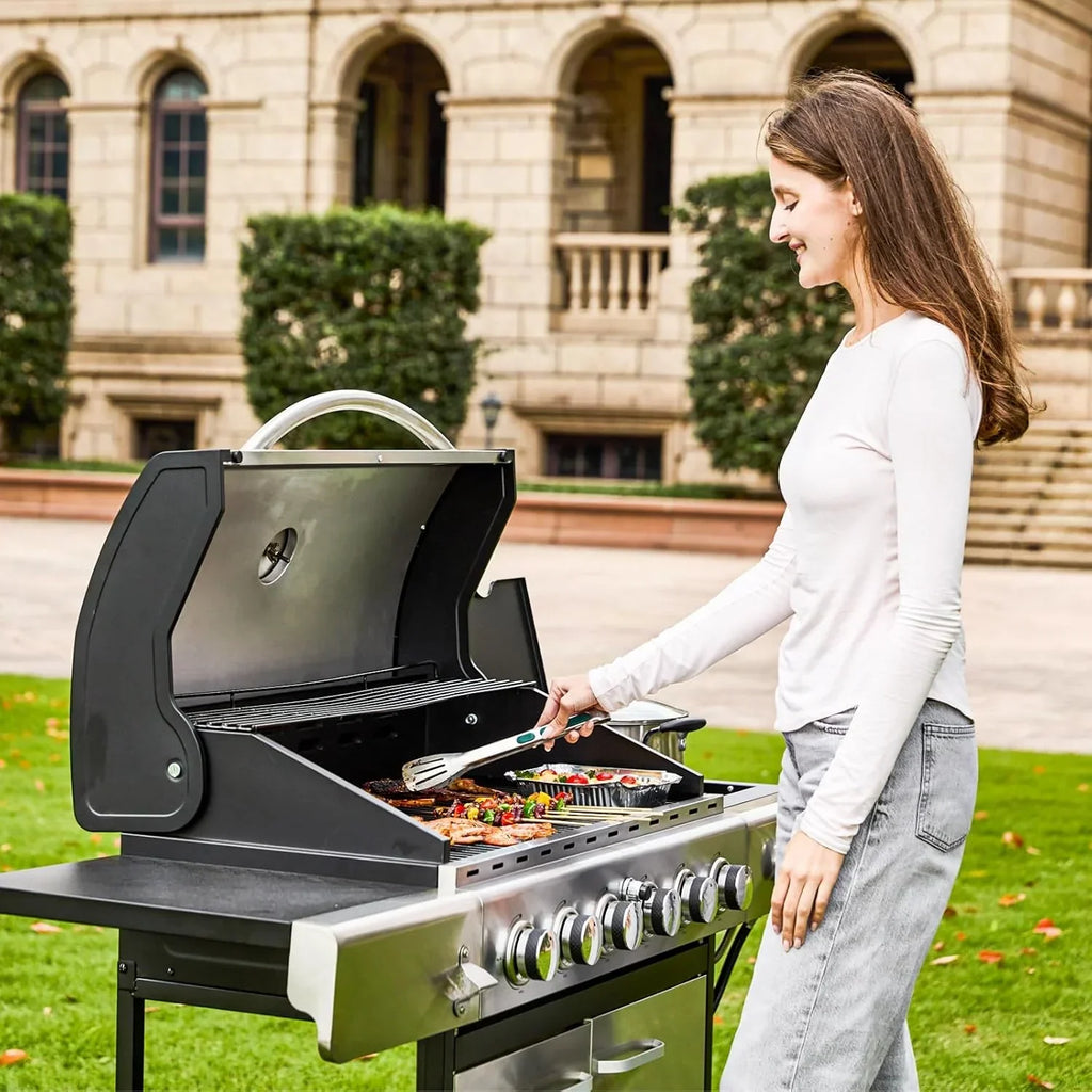 Upgraded 4 Burner BBQ Propane Gas Grill with Cast Iron Grates & Side Stove, 44,000 BTU Stainless Steel Burner Barbecue Grill 
