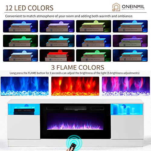 Oneinmil Fireplace TV Stand with 36" Electric Fireplace, LED Light Entertainment Center, Modern Wood, White